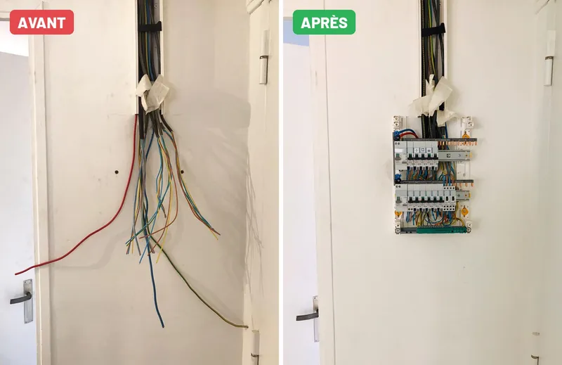 Avant / après : fils électriques à nu remplacés par un tableau électrique neuf, à Avignon